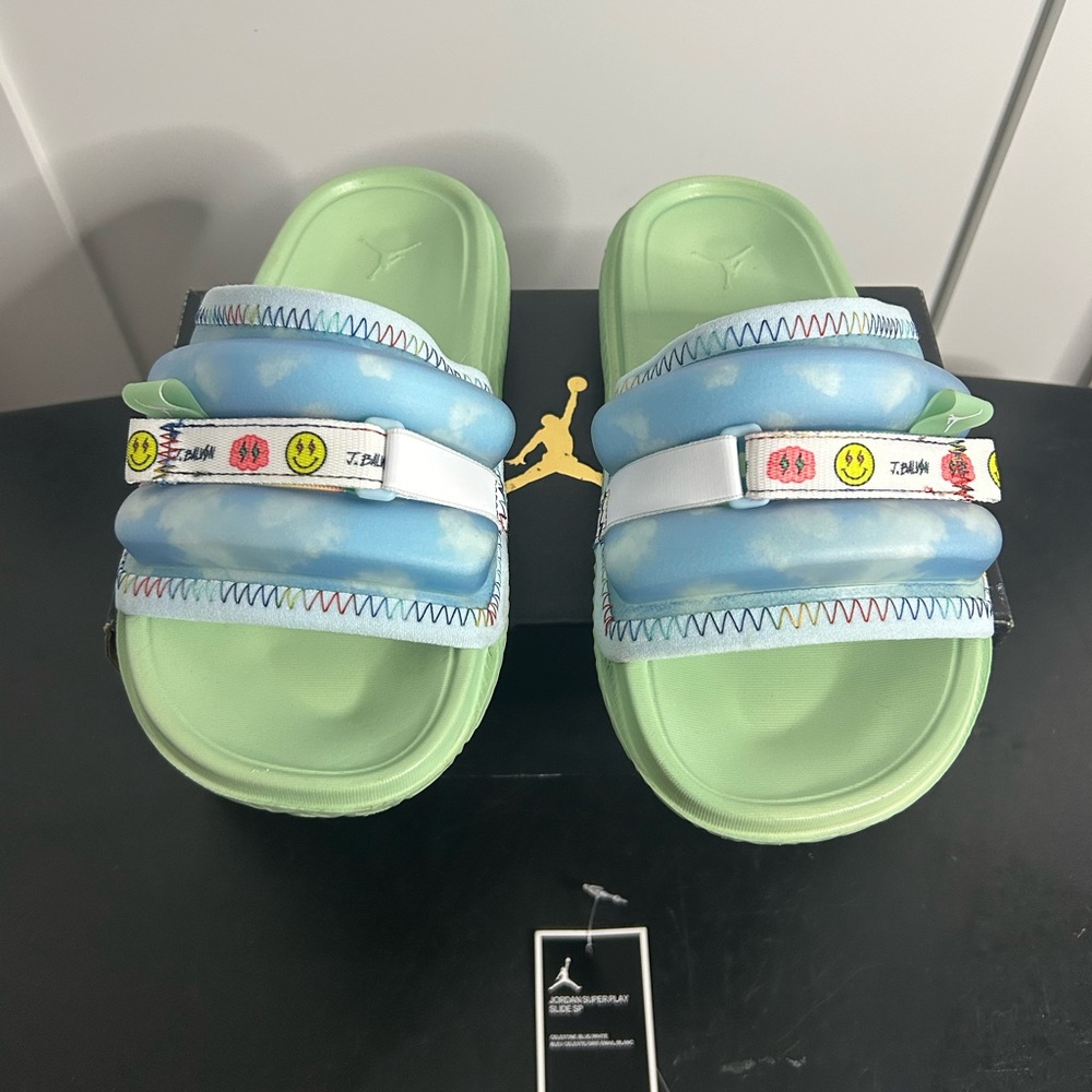 J Balvin x Jordan Super Play Slide sandals in Celestine Blue and Barely Green